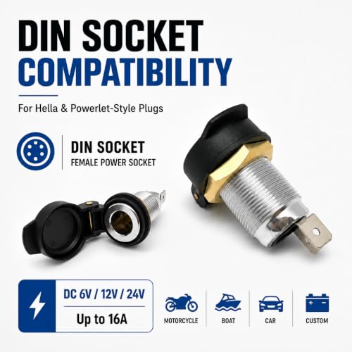 Image of Cliff Top Alloy Female DIN Motorcycle Socket Compatible with Hella Powerlet | 16A 12-24V DC, female DIN socket, 18mm panel mount, alloy body, brass ring, spring contacts, spring weather cap