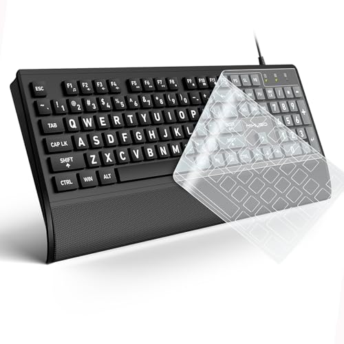 MIKUSO Large Print Computer Keyboard,High Contrast Big Letter Keyboard for Seniors Visually Impaired Low Vision,Laser Etched Non-Fade Keys,Wired USB Full Size with Wrist Rest for Windows（No Backlit）