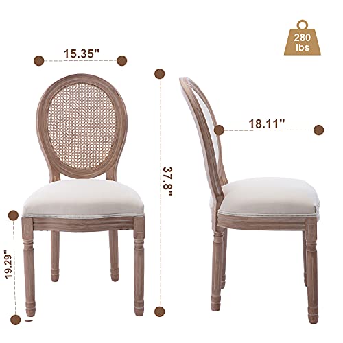 Dklgg French Dining Chairs Set Of 2, Vintage Elegant Farmhouse With Round Rattan Back, Wood Mid Century Padded Fabric Side For Kitchen Bedroom Restaurant, Beige #TOP3