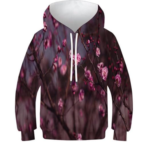 Prunus Mume 3D Impreso Sudaderas con Capucha Ciruelo en Flor Atlético Casual Pullover con Bolsillo Sudadera De Manga Larga para Niños 12-14Y