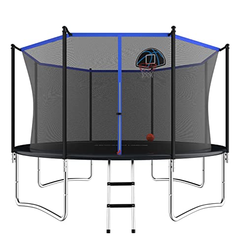 ACWARM HOME 12FT Trampoline Outdoor Trampoline for Kids with Basketball Hoop, Ladder, Enclosure Net, ASTM Approved, Black