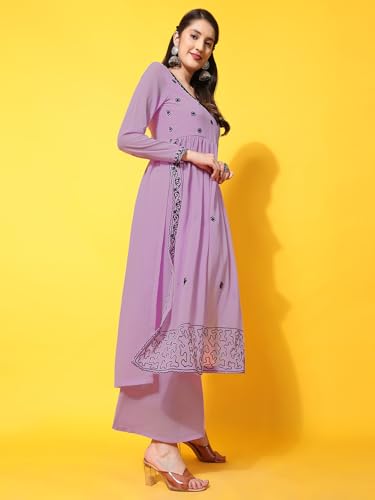 Image of PH POSHAKHUB Women A-Line Nyra Cut Kurta with Sharara in Georgette with Aari Work