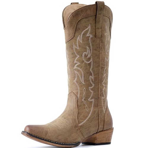 IUV Cowboy Boots for Women Mid Calf Fashion Cowgirl Boots with Embroidery Western Snip Toe2