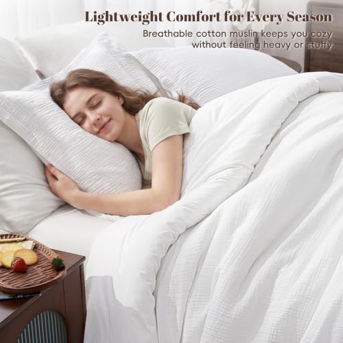 Image of PHF Cotton Muslin Comforter Set Queen, Ultra Soft Breathable, White