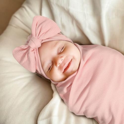 Image of DRESHOW BQUBO Baby Girl Newborn Receiving Blankets with Bow Hat Headband Wooden Birth Announcement Card Set Newborn Baby Swaddle Wrap Set Warm Shower Gift