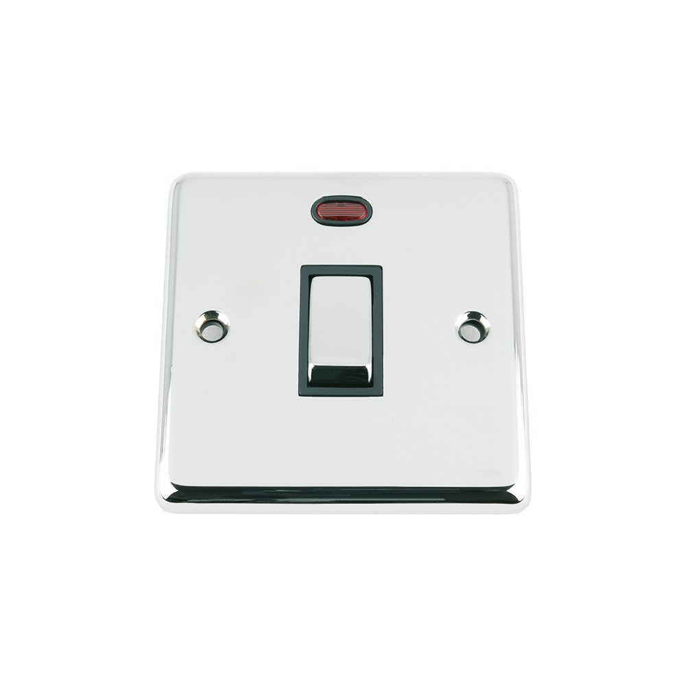 20A Double Pole Switch - Polished Chrome Classic - Black Insert - Metal Rocker Switches - DP Switch with Neon Indicator