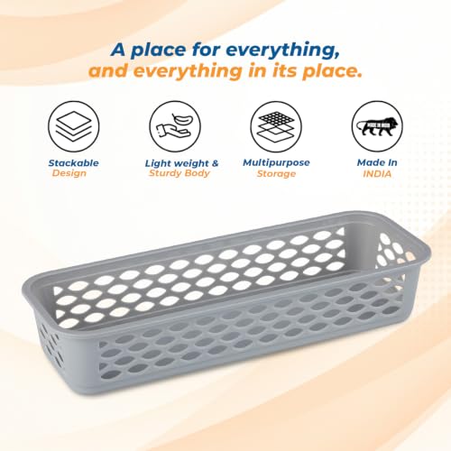 Image of RATAN PLASTICWARE Diana Tray Rectangular-Narrow (Pack of 6) Plastic Storage for Desk Basket /Organizers for Stationery, Jewellery, Tools,Kitchen, Office-Daiso Grey