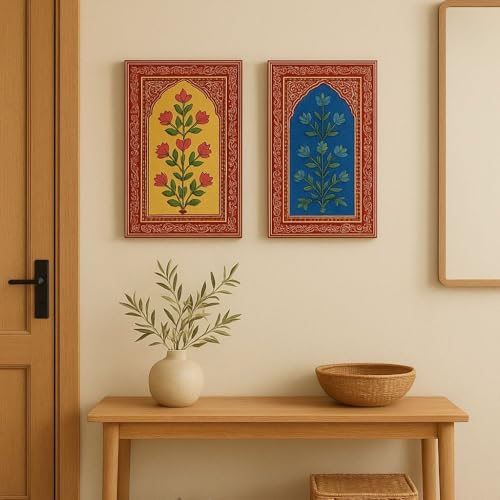 Image of SHREE 'O' GREEN TECH Set Of 2 Handcrafted Wooden Unique Jharokha Wall Hanging Multicolor Rajasthani Window Frame for Home, Living Room, Bedroom & Office Decor (9x15 Inch)