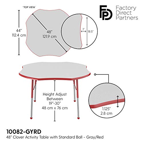 Image of FDP Clover Activity School and Office Table (48 x 48 inch), Standard Legs with Ball Glides for Collaborative Seating Environments, Adjustable Height 19-30 inches - Gray Top and Red Edge