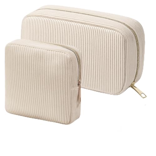 2er Set kleine Kosmetiktasche und Make up Tasche für Handtasche, Cord Schminktasche Damen mit praktischen Fächern, Elegante Reise Makeup Tasche für Frauen und Mädchen