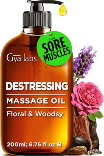 Gya Labs Destressing Massage Oil for Stress - Sore Muscle Oil Body Oil Massage Oils for Massage Therapy & Skin - Crafted with Lavender Rose Otto Rosewood Myrrh Jojoba & Argan Oils (200ml)