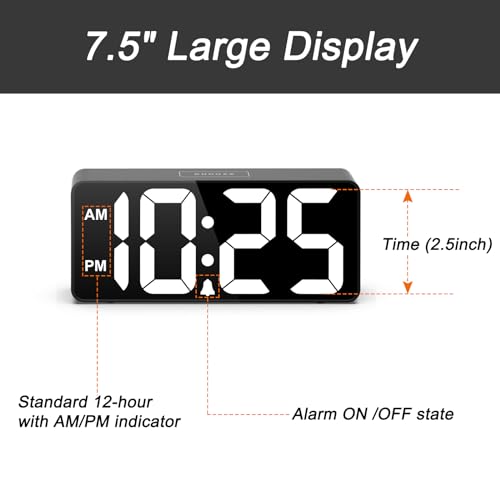 Image of Welgo Senior Friendly Digital Alarm Clock, 7.5 Inches Large Display, Easy to Ues, Fully Range Brightness, Adjustable Volume, Convenient USB Charging Port for Bedside