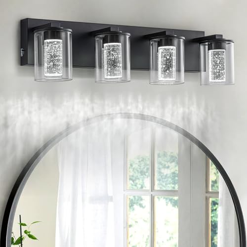Image of SineRise Bathroom Vanity Light with 3 Color Modes (3000K /4000K /6000K), Eye Protection LED Bathroom Light Fixture, Dimmable Modern Wall Light Over Mirror with Clear Glass Shade (Black, 4-Light)