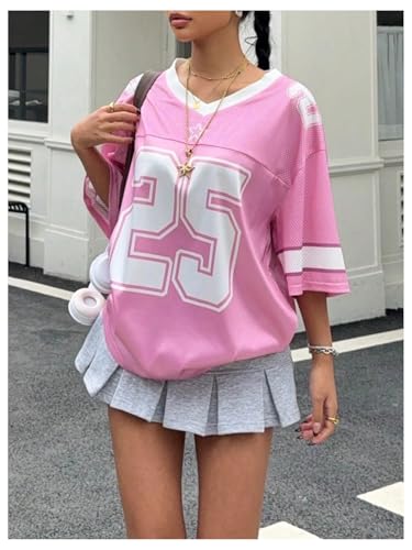 SweatyRocks Girl's Letter Number Jersey Shirt V Neck Drop Shoulder Oversized Mesh T Shirt4