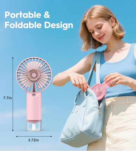 Mini Handheld Misting Fan, Small and Powerful, 3 Speed Portable Fan Lightweight USB-C Rechargeable Spray Water Mist for Makeup Stylish Girl Women Travel Indoor Outdoor Pink (Pink)
