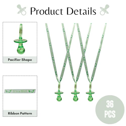 Image of 36 Pieces It's a Girl Baby Shower Pacifiers Necklace Acrylic Baby Party Favors Charm Pacifiers Necklace Baby Shower Party Decorations Table Scatter (Green)