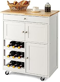 GiantexUK Kitchen Storage Trolley on Wheels, Rolling Serving Island Cart with Drawer and Wine Racks, Wooden Storage Display Cabinet for Dining Room Restaurant & Bar (Natural + White)