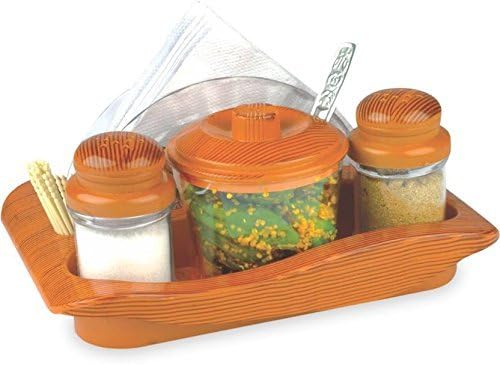 Nabhya Complete Dining Table Set of Pickle Jars, Salt and Pepper Dispenser, Toothpick Holder and Spoon Holder(Wooden Look Design, Plastic) (Origano)