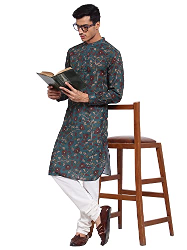 Image of Style Quotient Men Green Ethnic Motifs Printed Thread Work Kurta