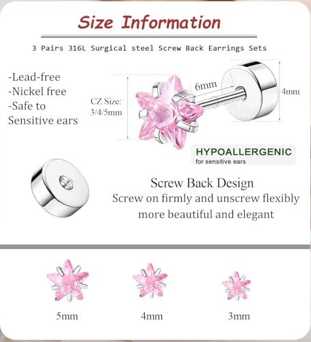 3-5 Pairs Square Earrings Set for Men Women, 14K Gold Filled Princess Cut Clear Cubic Zirconia Stud Earrings, Hypoallergenic Surgical Steel Flat Back Stud Earrings for Sensitive Ear, Lightweight Shiny Earrings Studs for Helix Tragus Cartilage Multiple Piercing, 3-7MM2
