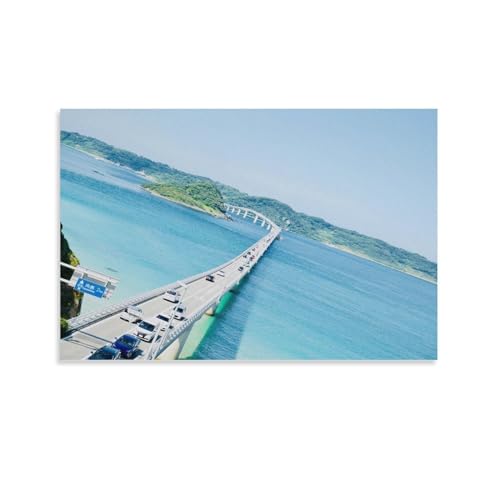 絵画 山口県角島、青い空の下、緑の海と橋 アートパネル ポスター 美しい日本の風景写真 インテリア 絵画 モダン 風景画 装飾画 玄関 壁掛け キャンバス 飾り絵 シリーズ アートボード 部屋飾り 壁の絵 壁飾り ソファの背景絵画 額無し 20x30cm