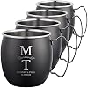 Personalized Custom Smooth Finish Black Moscow Mule Mugs with Custom Wedding Vertical Initials Monogram Engraved Bar Style Cup, 16 oz | Set of 4