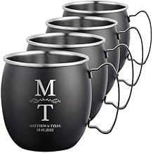 Personalized Custom Smooth Finish Black Moscow Mule Mugs with Custom Wedding Vertical Initials Monogram Engraved Bar Style Cup, 16 oz | Set of 4