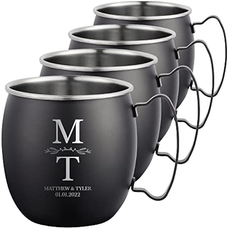 Personalized Custom Smooth Finish Black Moscow Mule Mugs with Custom Wedding Vertical Initials Monogram Engraved Bar Style Cup, 16 oz | Set of 4