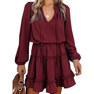Dokotoo-Womens-Cute-Spring-Sexy-Deep-V-Neck-Ruffle-Chiffon-Lantern-Long-Sleeve-Elegant-Boho-Bohemian-Hawaiian-Flowy-Mini-Short-Skirt-Dresses-for-Women-Party-Casual-Fall-2021-Wine-Large Dokotoo Womens Cute Spring Sexy Deep V Neck Ruffle Chiffon Lantern Long Sleeve Elegant Boho Bohemian Hawaiian Flowy Mini Short Skirt Dresses for Women Party Casual Spring 2023 Wine Large