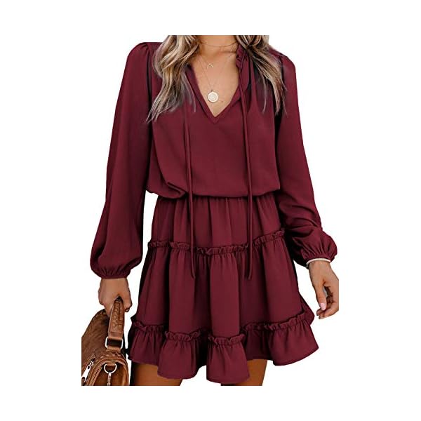 Dokotoo-Womens-Cute-Spring-Sexy-Deep-V-Neck-Ruffle-Chiffon-Lantern-Long-Sleeve-Elegant-Boho-Bohemian-Hawaiian-Flowy-Mini-Short-Skirt-Dresses-for-Women-Party-Casual-Fall-2021-Wine-Large Dokotoo Womens Cute Spring Sexy Deep V Neck Ruffle Chiffon Lantern Long Sleeve Elegant Boho Bohemian Hawaiian Flowy Mini Short Skirt Dresses for Women Party Casual Spring 2023 Wine Large