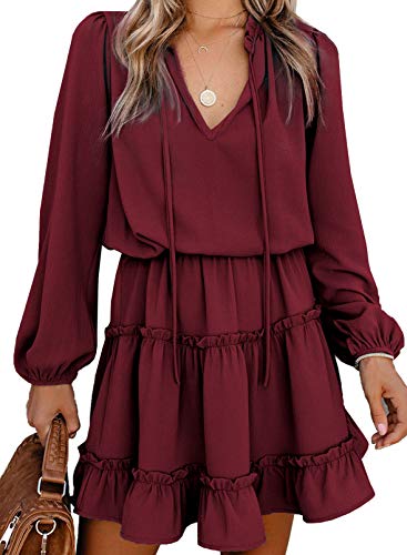 Dokotoo Women Dresses Cute Spring Boho Fall Casual Sexy Deep V Neck Ruffle Chiffon Lantern Long Sleeve Elegant Hawaiian Flowy Mini Short Skirt Dresses for Women Party 2021 Wine X-Large