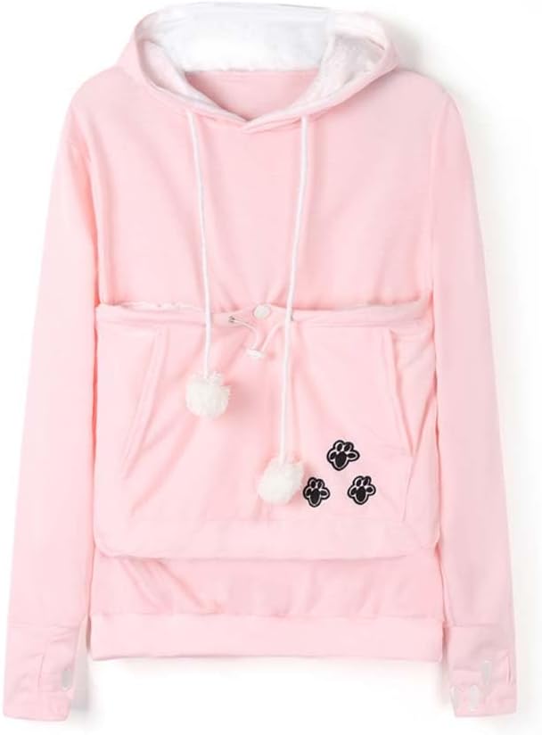 Unisex Cat Ear Big Kangaroo Pouch Hoodie Long Sleeve Pet Cat Dog Holder Carrier Sweatshirt (XL, Pink)