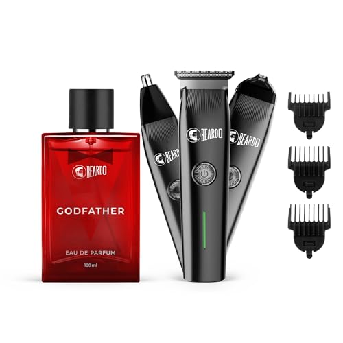 Image of Beardo Ape-X Prime 3-in-1 Trimmer + Godfather EDP Perfume for Men | Beard, Nose & Ear Trimmer with Type-C Charging | Long Lasting Spicy Eau de Parfum, 100ml | Grooming & Fragrance Gift Set for Men, Husband, Boyfriend