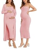 Ecavus Maternity Tube Dress Long Cardigan 2 Piece for Baby Shower and Wedding Guest Ribbed Maternity Photoshoot Dresses Pink