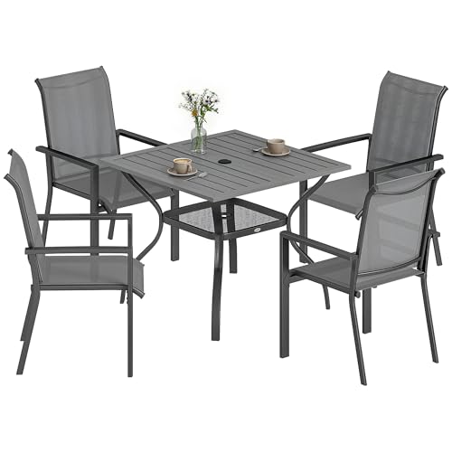 Outsunny Set Tavolo e Sedie da Giardino 5 Pezzi, Set da Pranzo con Tavolo, Foro per Ombrellone, 4 Sedie Impilabili in Texteline, Struttura in Acciaio, Set Mobili da Giardino per Terrazza Patio, Grigio