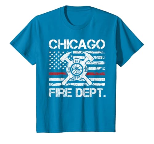 Chicago Illinois Fire Department Thin Red Line Fireman T-Shirt, Youth, Sapphire Blue, Small