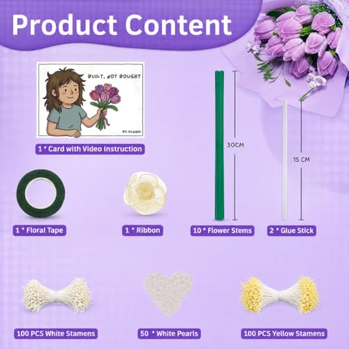 Image of YUNAMI Chenille Stems for DIY Flower Making - 200 Pcs Pipe Cleaners with Floral Wire, Tape, Stamen & Pearls - Premium Bouquet Supplies for Home Decor & Gifting (200, Purple)