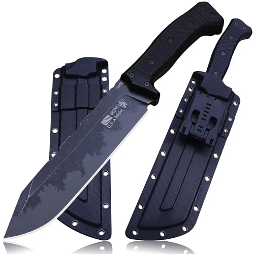 WPKOPYA Full Tang Outdoor Knife – 440C Stainless Steel Blade, 6mm Thick, 14.8in Overall, Nylon Fiber Handle & Sheath, Camping Hunting Survival Tool (black)