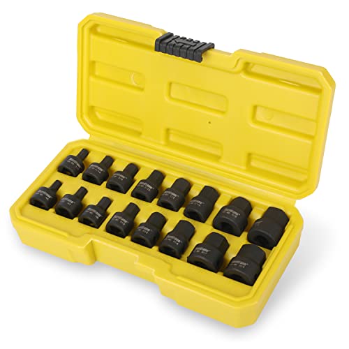 HURRICANE 3/8 Inch Drive Low Profile Impact Hex Driver Set, 16 Pieces, SAE/Metric, 1/4-3/4 Inch, 6-19mm, Cr-Mo Steel, One-Piece Construction, Heavy Duty Storage Case