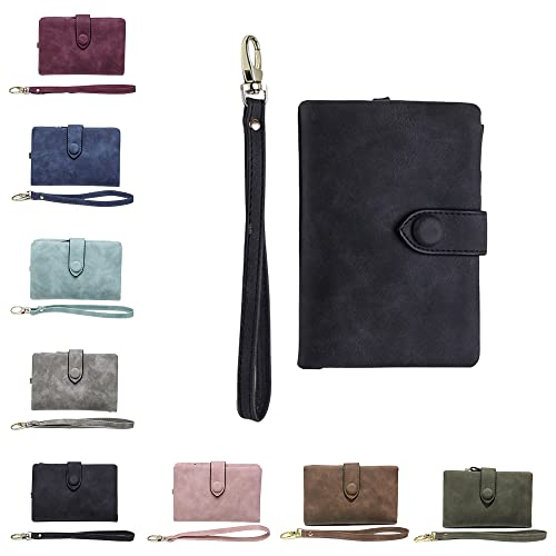 Small Trifold Leather Wallet for Women, Compact Ladies Credit Card Holder Handbag with Strap, Leather Clutch Wallets Multi Card Organizer (Black)