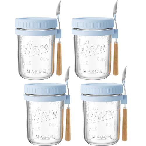 Image of 16oz Glass Overnight Oats Containers with Lids and Spoons, 4 Pack Blue