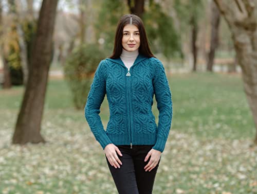 Image of SAOL Women's Hooded Zip Cardigan - Pure Merino Wool Irish Sweater - Warm & Breathable Outer Layer
