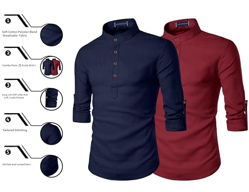Image of Zombom Men's Combo Cotton Polyester Blend Solid Full Sleeve Straight Regular Fit Mandarin /Chinese Collor Kurta (Pack of 2)