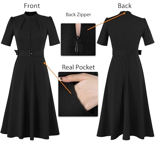 Image of VFSHOW Womens 2024 Business Work Office Pockets Belted Buttons Elegant Fit and Flare A-Line Dress