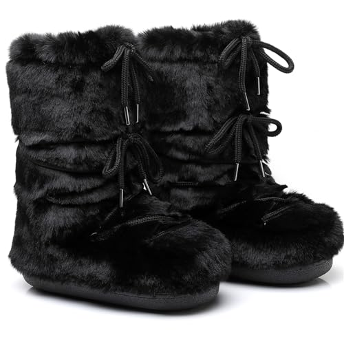 Winter Boots for Women, Furry Fuzzy Fluffy Faux Fur Snow Boots with Fur Lined Non-Slip Outsole Black White Pink Boots (black, Adult, Women, 8, Numeric Range, US Footwear Size System, 9, Medium)