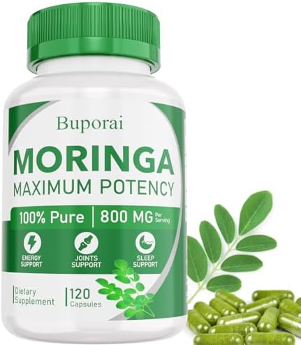 Moringa Capsules, Pure Moringa Powder Organic 800 mg, 120 Vegan, Skin Health,Energy, Immune Support, Non-GMO, Natural Green Antioxidant