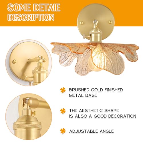 Image of Amber Glass Wall Sconce 2-Light Bathroom Vanity Lights with Flower Glass Shade Gold Brass Wall Sconce Vintage Mid Century Vanity Wall Light for Over Mirror Farmhouse Bedroom Doorway