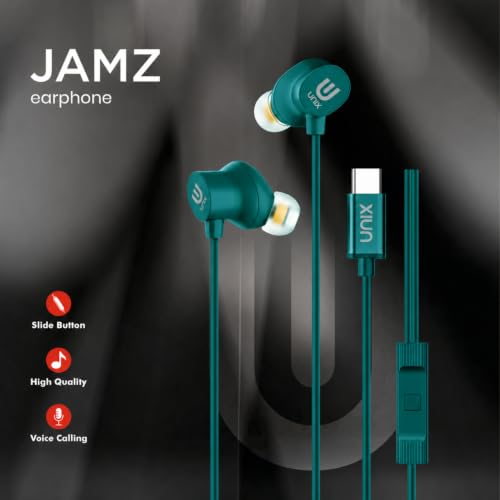 Image of Unix JAMZ Type-C Earphones with 10mm Dynamic Driver, Super Bass Boosted Sound, in-Ear Headphones with Mic, 1.2m Cable, Noise Isolation Earbuds for Android Phones, Tablets & Type-C Devices - Green