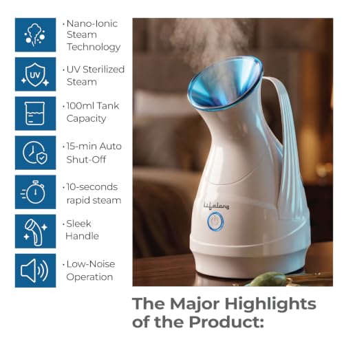 Image of Lifelong Steamer & Vaporizer for Cough, Cold & Facial | Nano-Ionic Portable Face Steamer for Facial, Steam Inhaler for Sinus & Vaporizer Machine for Adults & Kids | Fast Mist in 10sec, 100ml Capacity