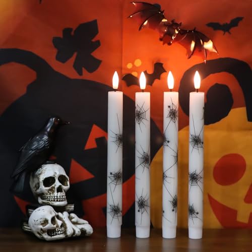 Image of Halloween Flameless Taper Candles with Remote Timer, 4 Pack LED Flickering Candlestick, 9.65 Inch Battery Operated Real Wax with Spider Web Prints Halloween Decor Indoor